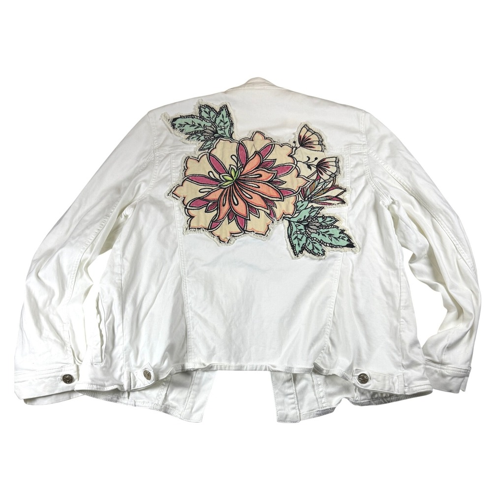 Chico's Women's Floral Embroidered‎ Denim Jacket White Size 3